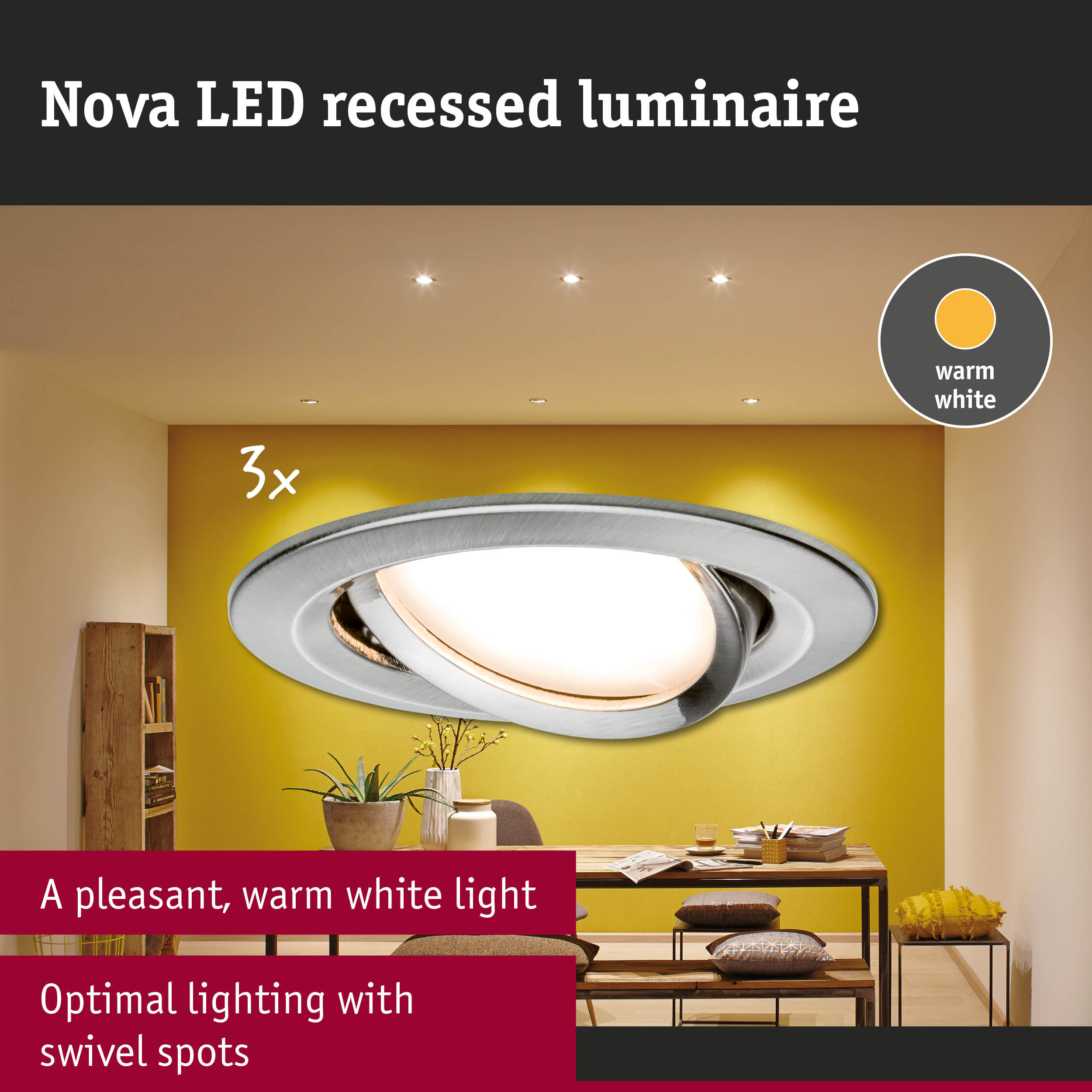 Nova LED recessed luminaire in silver metal with warm white light and adjustable swivel spots
