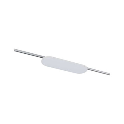 Slim white LED spotlight made of plastic and metal on silver rail for modern lighting solutions