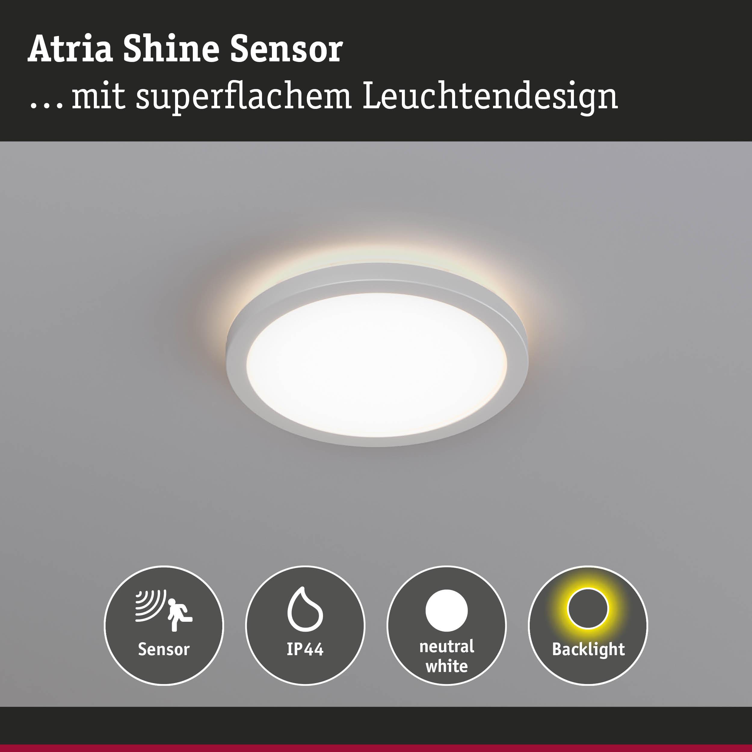 Atria Shine Sensor Deckenleuchte in Weiß mit IP44 Schutz und neutralweißem Licht, energiesparend mit Bewegungsmelder