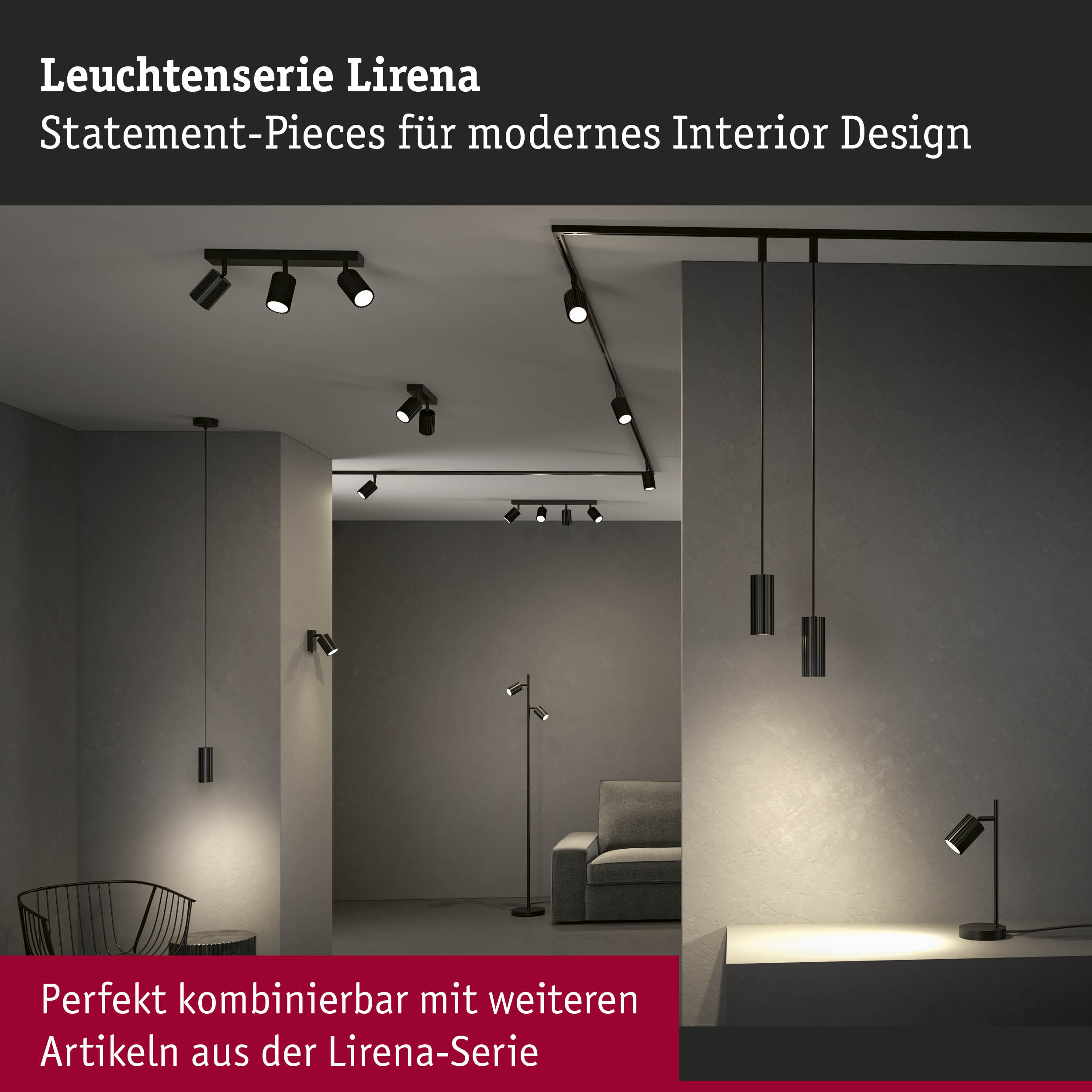 Moderne schwarze Lirena-Serie Decken- und Stehleuchten in minimalistischem Wohnzimmerdesign