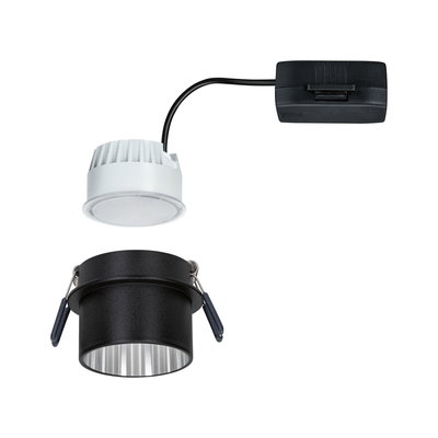 White LED recessed spotlight with black mounting frame and cable for modern lighting solutions