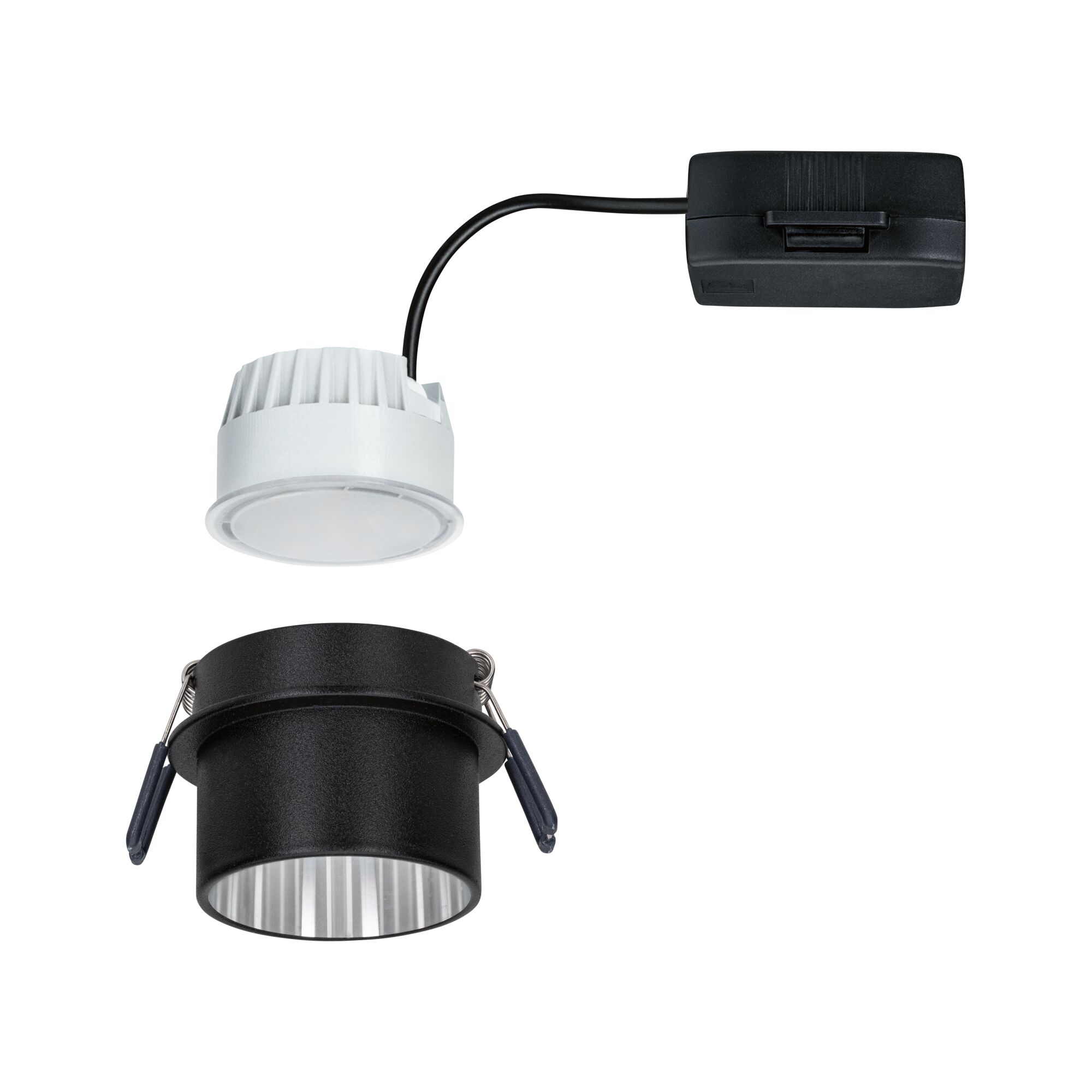 Schwarzer Einbaustrahler aus Metall mit weißem LED-Modul und Anschlusskabel für moderne Beleuchtung
