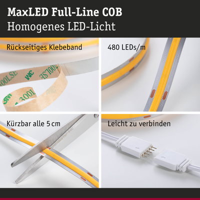 MaxLED Full-Line COB LED-Streifen mit rückseitigem Klebeband und 480 LEDs pro Meter, schneidbar und verbindbar