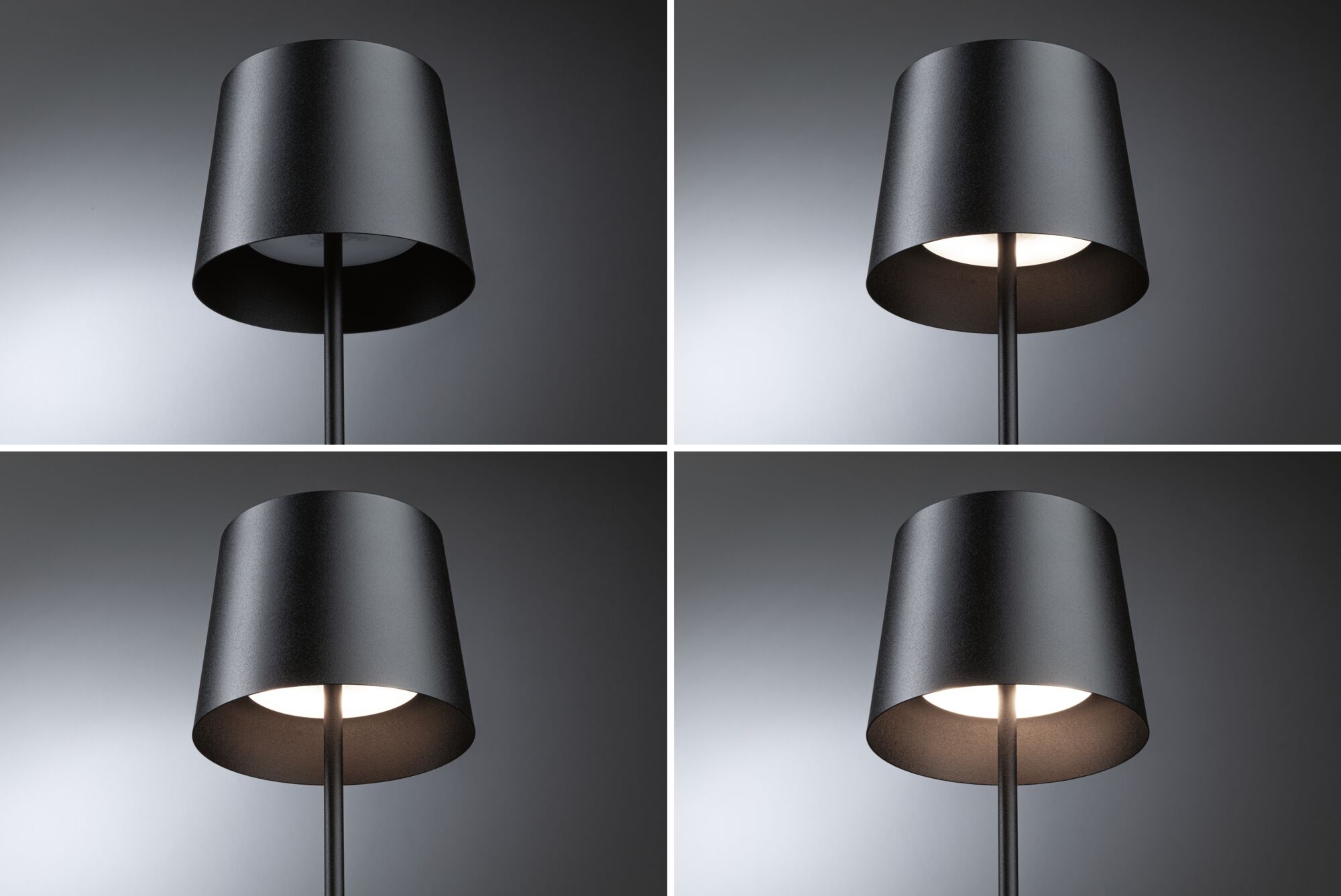 Vier Ansichten einer schwarzen Metall-Stehlampe mit zylindrischem Schirm und warmweißem Licht für Wohnräume