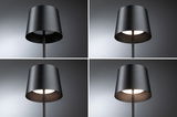 Four views of a black metal floor lamp with cylindrical shade and warm white light for living spaces