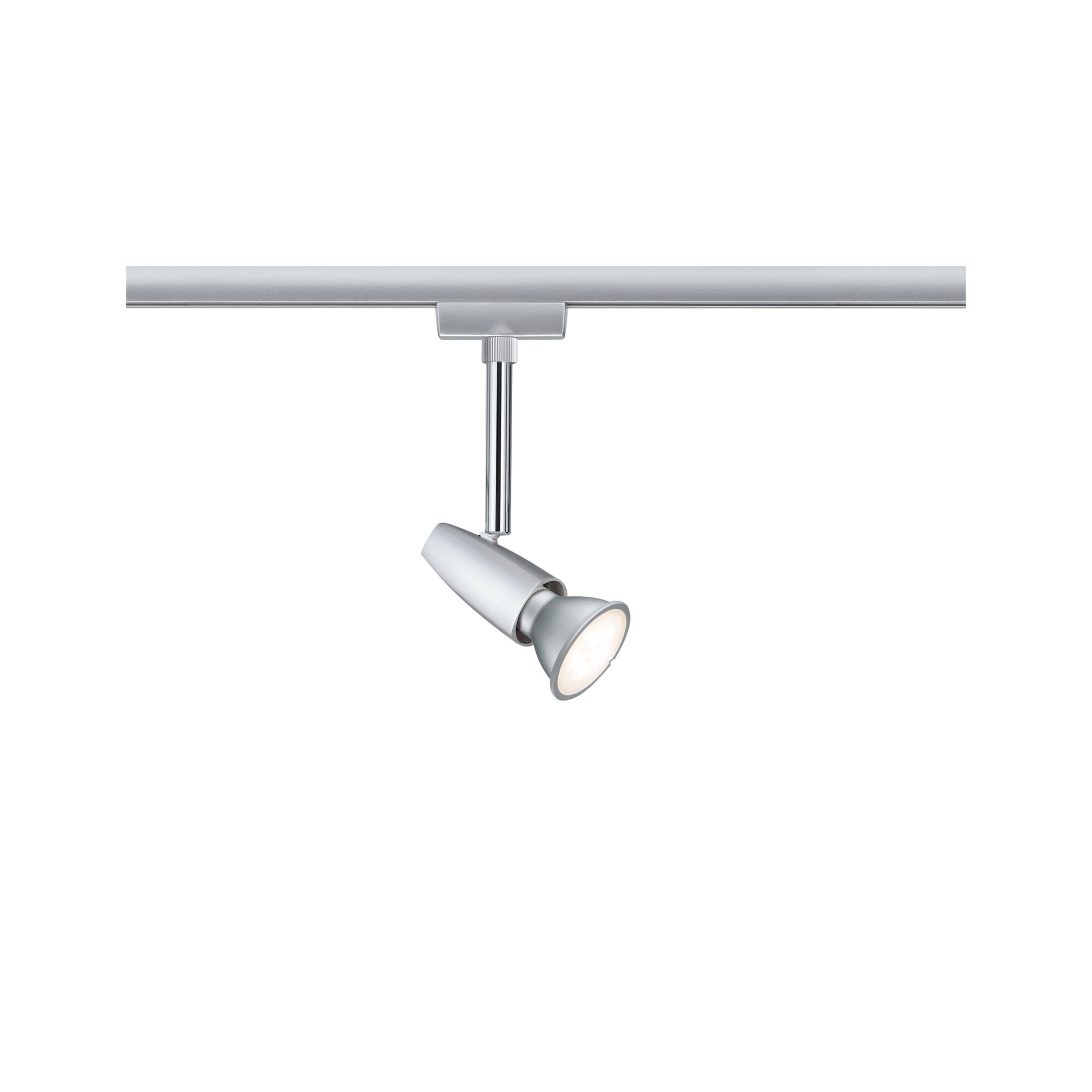 Moderner silberner LED-Strahler aus Metall an Schienensystem für flexible Raumbeleuchtung