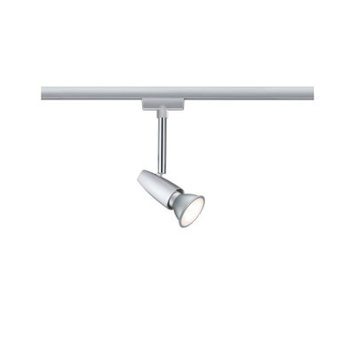 Moderner silberner LED-Strahler aus Metall an Schienensystem für flexible Raumbeleuchtung