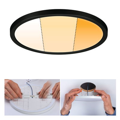 Round LED ceiling light with black frame and dimmable warm white tones, installation steps displayed.