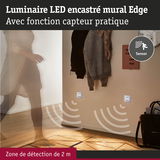 Luminaire LED encastré mural Edge avec capteur de mouvement et zone de détection de 2 mètres.