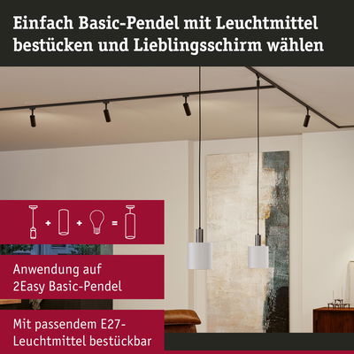 Moderner Basic-Pendel mit weißem Schirm und E27-Leuchtmittel in stilvollem Wohnraum mit Kunstwerk