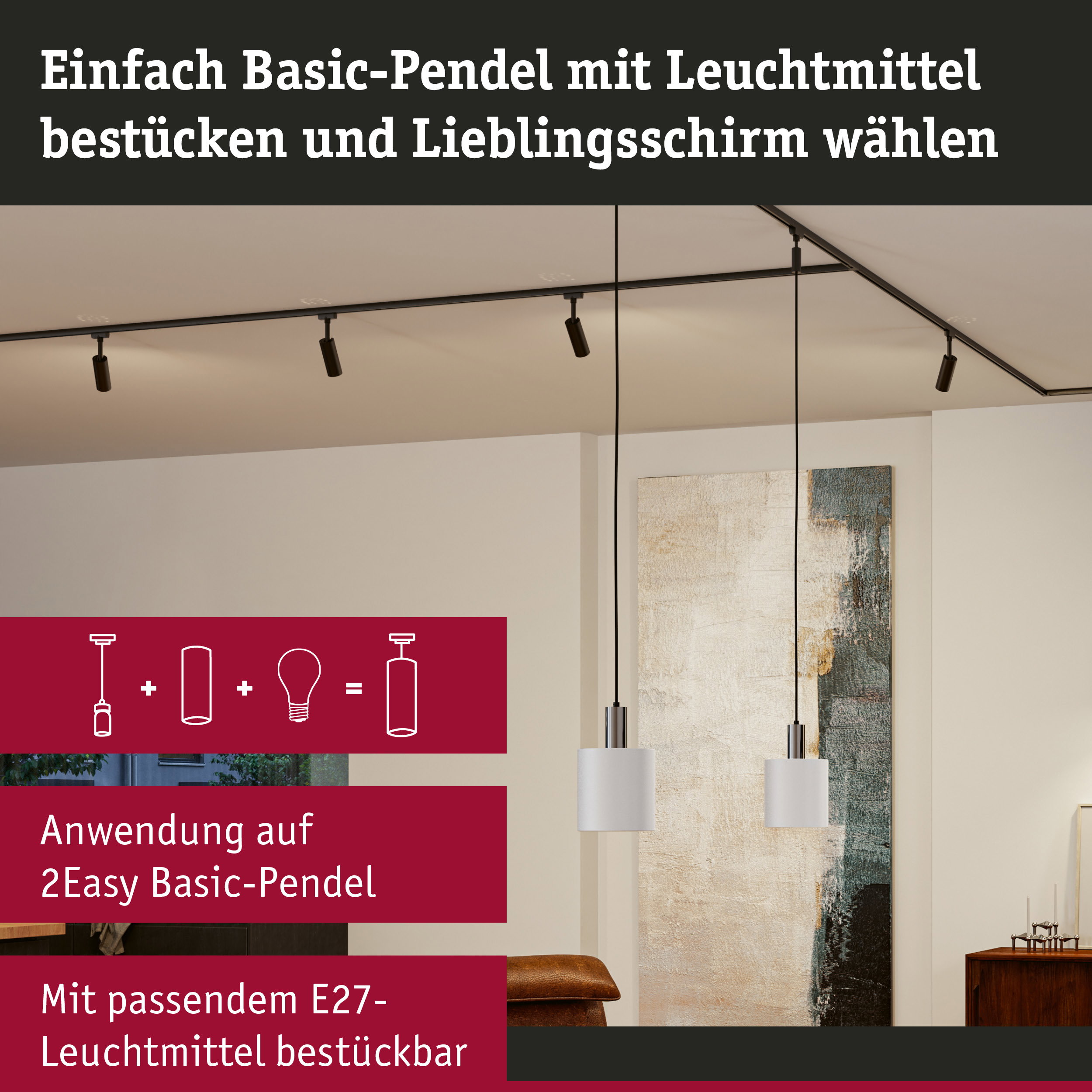 Moderne Basic-Pendel in Schwarz mit weißem Lampenschirm, geeignet für E27 Leuchtmittel und flexible Beleuchtung.