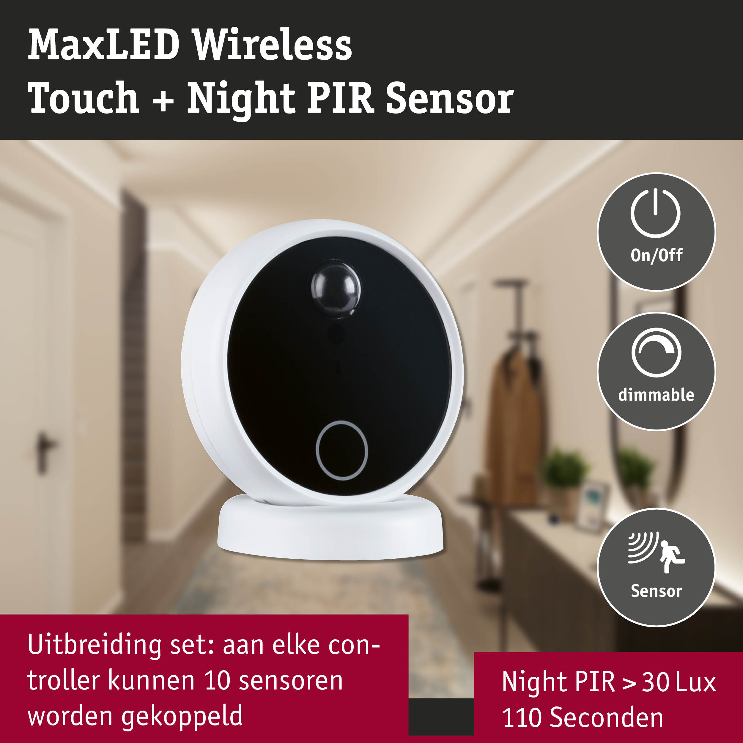 Witte MaxLED draadloze sensor met touch en nacht PIR voor dimbare LED-verlichting met bewegingssensor