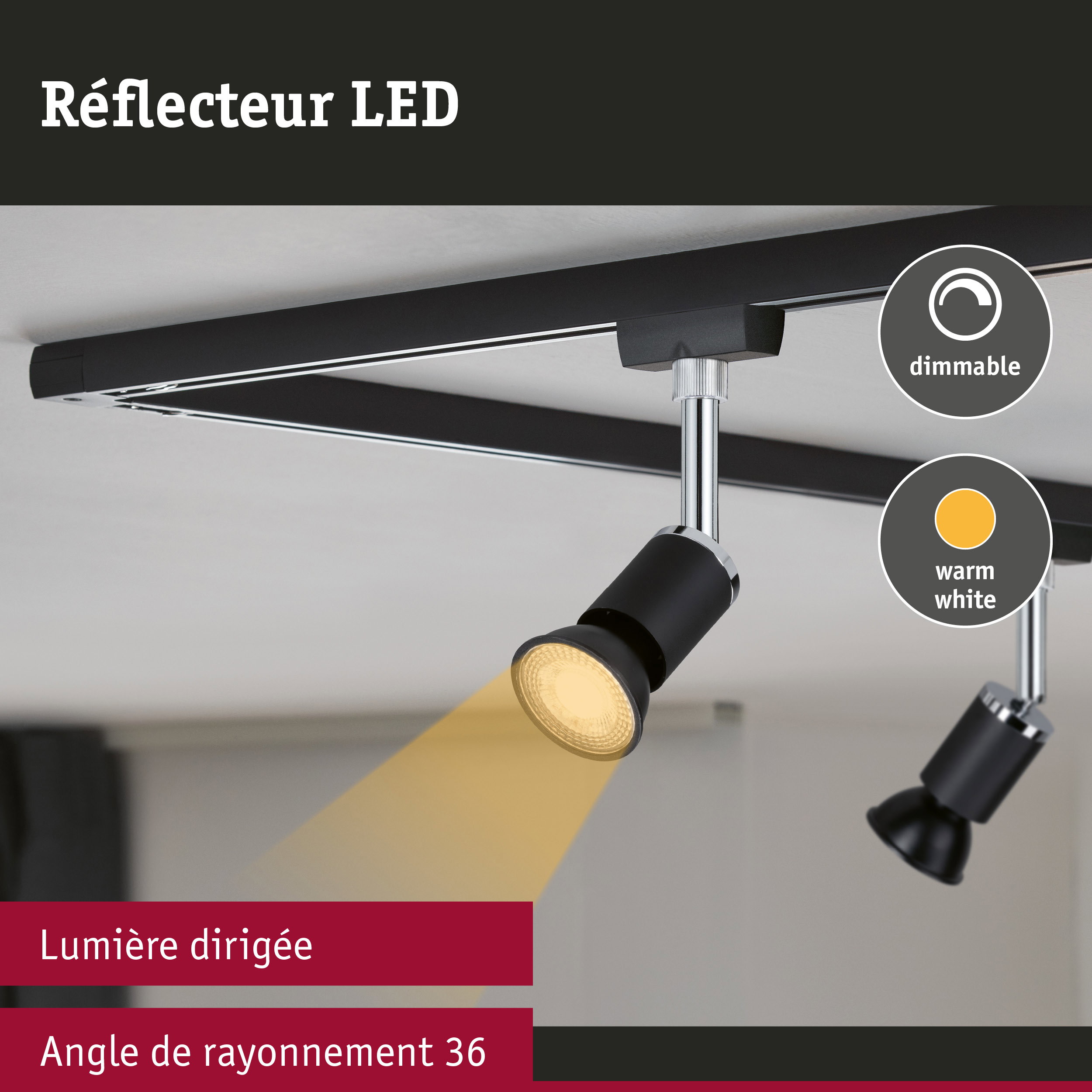 Spot LED noir dimmable avec lumière blanc chaud et angle de rayonnement de 36 degrés pour éclairage dirigé