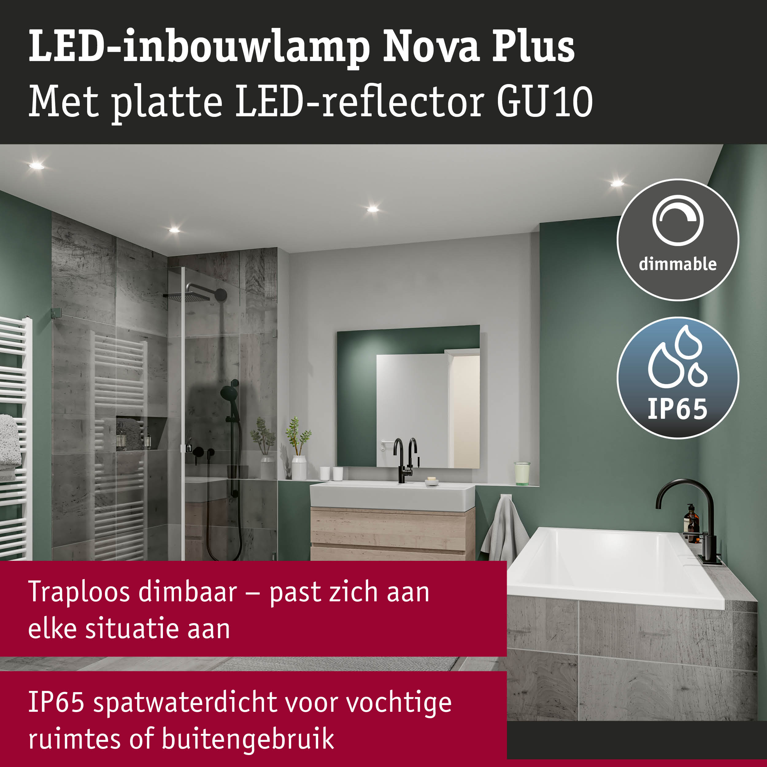 LED-inbouwlamp Nova Plus met platte LED-reflector GU10, dimbaar en IP65 spatwaterdicht voor vochtige ruimtes