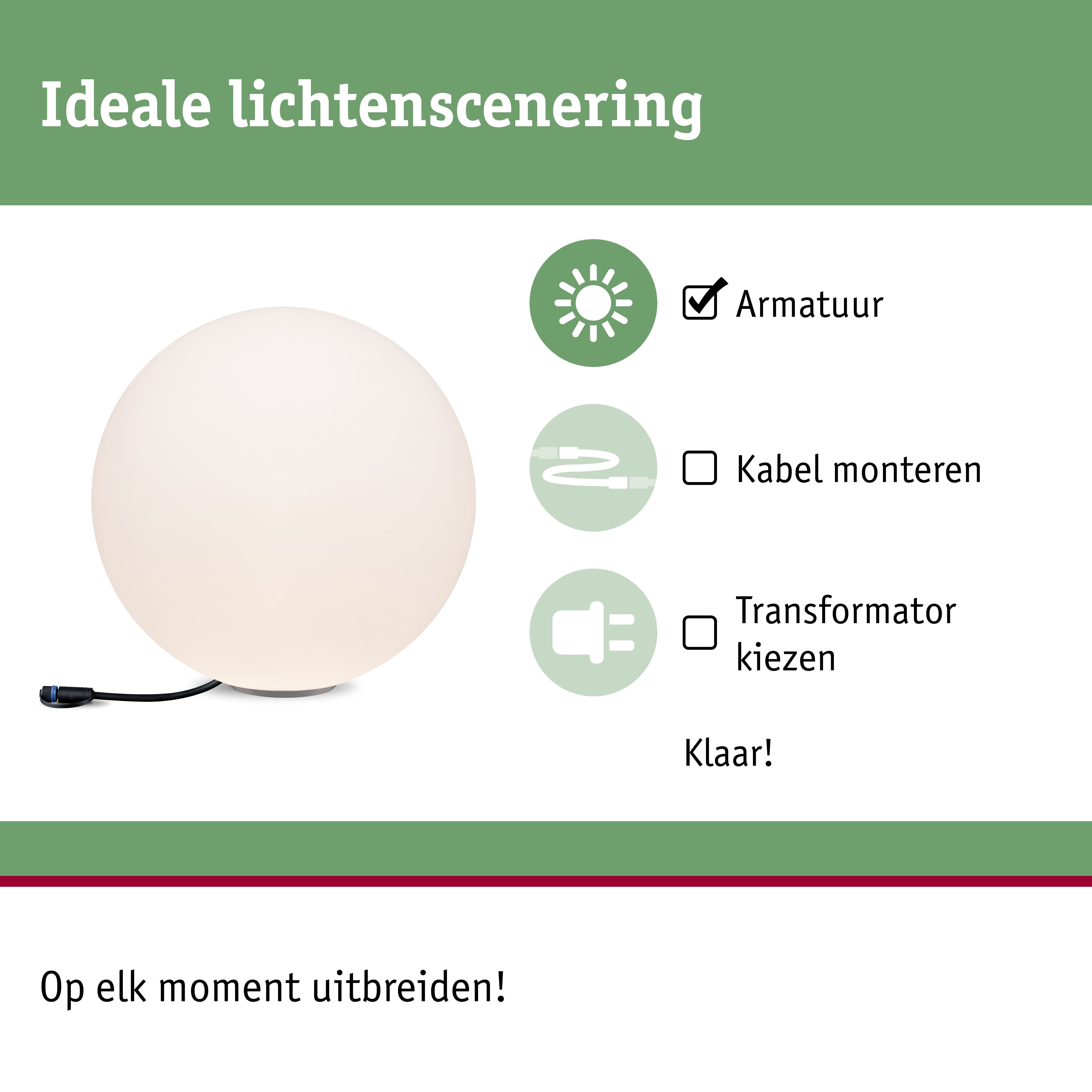 Witte ronde lichtbol met zwarte kabel voor flexibele binnenverlichting