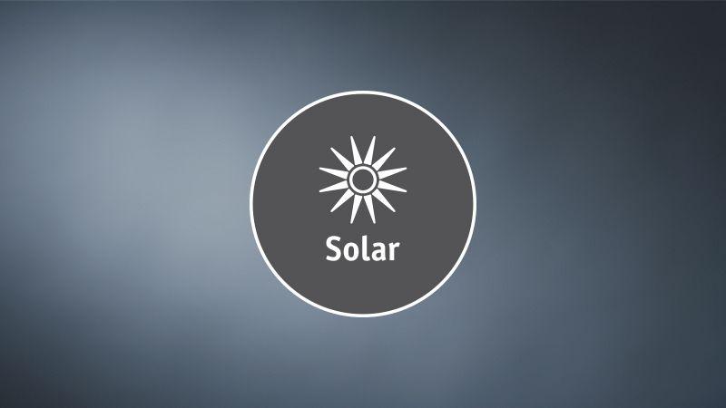Solar energy icon with stylized sun on grey background for sustainable lighting solutions