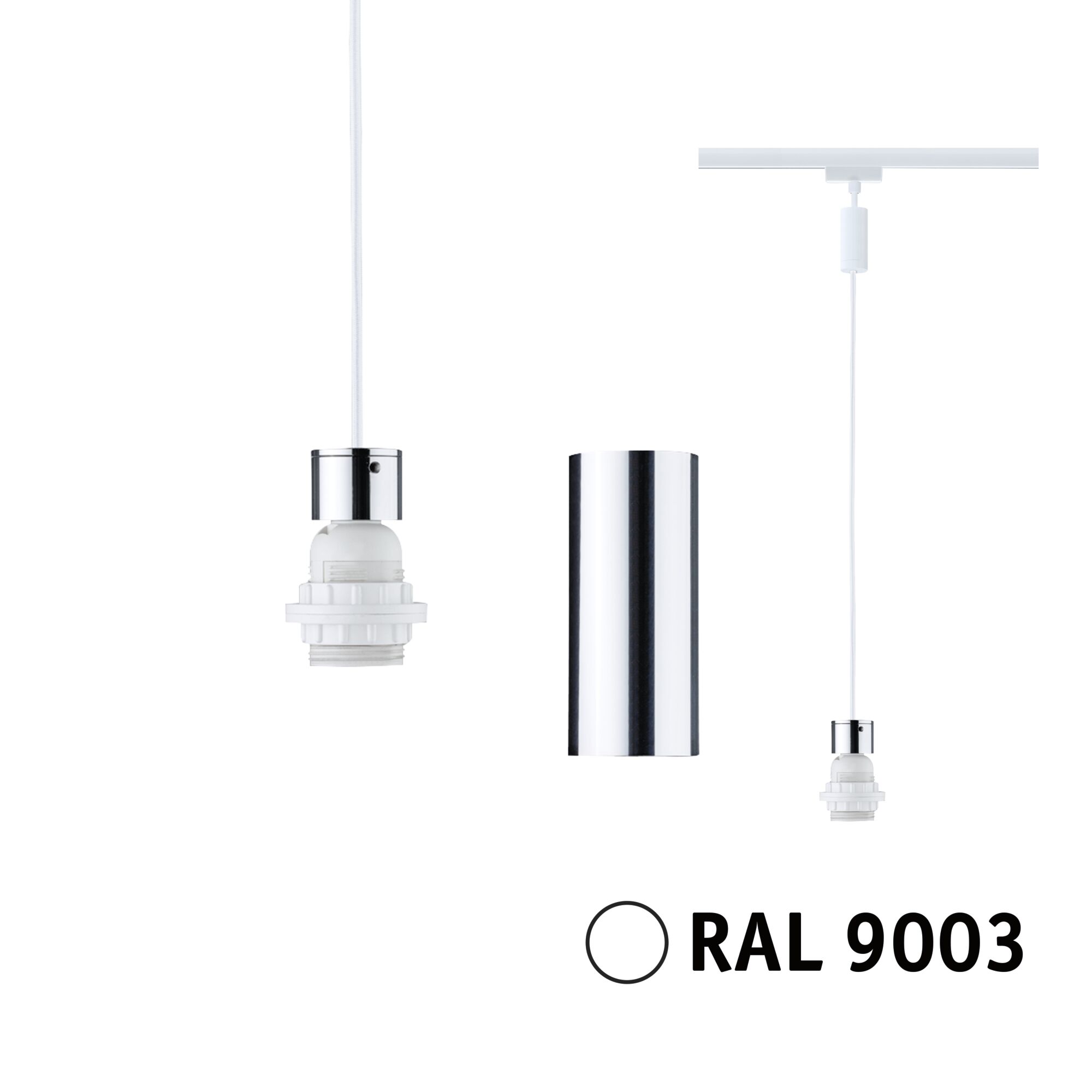 URail Pendels 2Easy E27 max. 20W dimbaar 230V Signaalwit Witte hanglampaccessoire met chromen ring en kabel voor moderne LED-verlichtingssystemen.