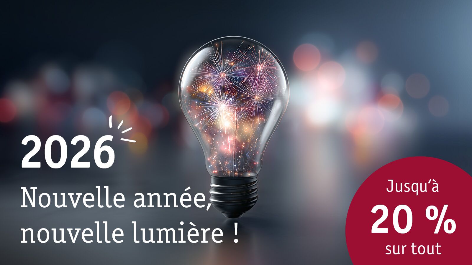 Ampoule avec feux d'artifice à l'intérieur symbolisant de nouvelles idées lumineuses pour 2026 avec jusqu'à 20 % de réduction