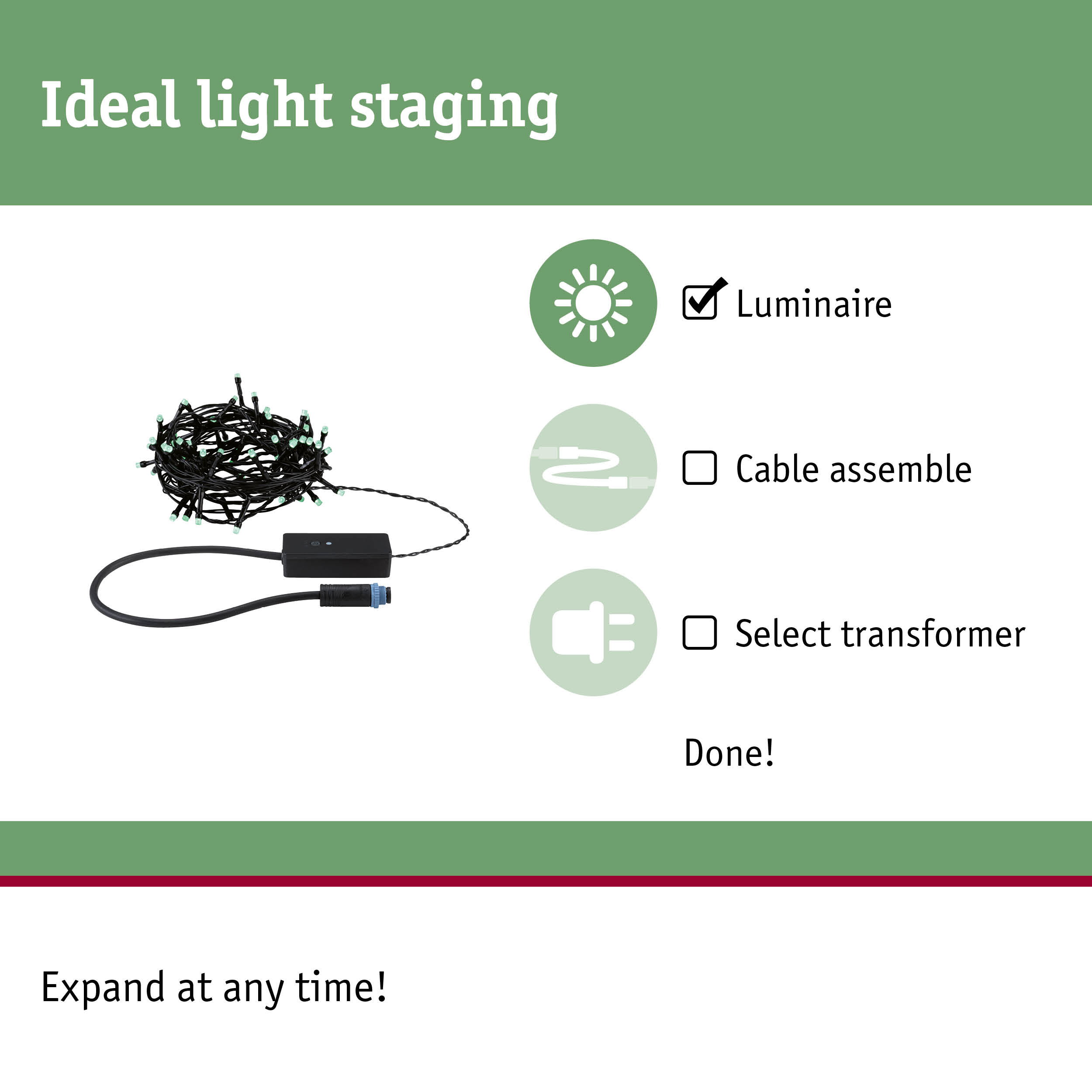 Black LED light string with control box and connector for flexible indoor lighting setups