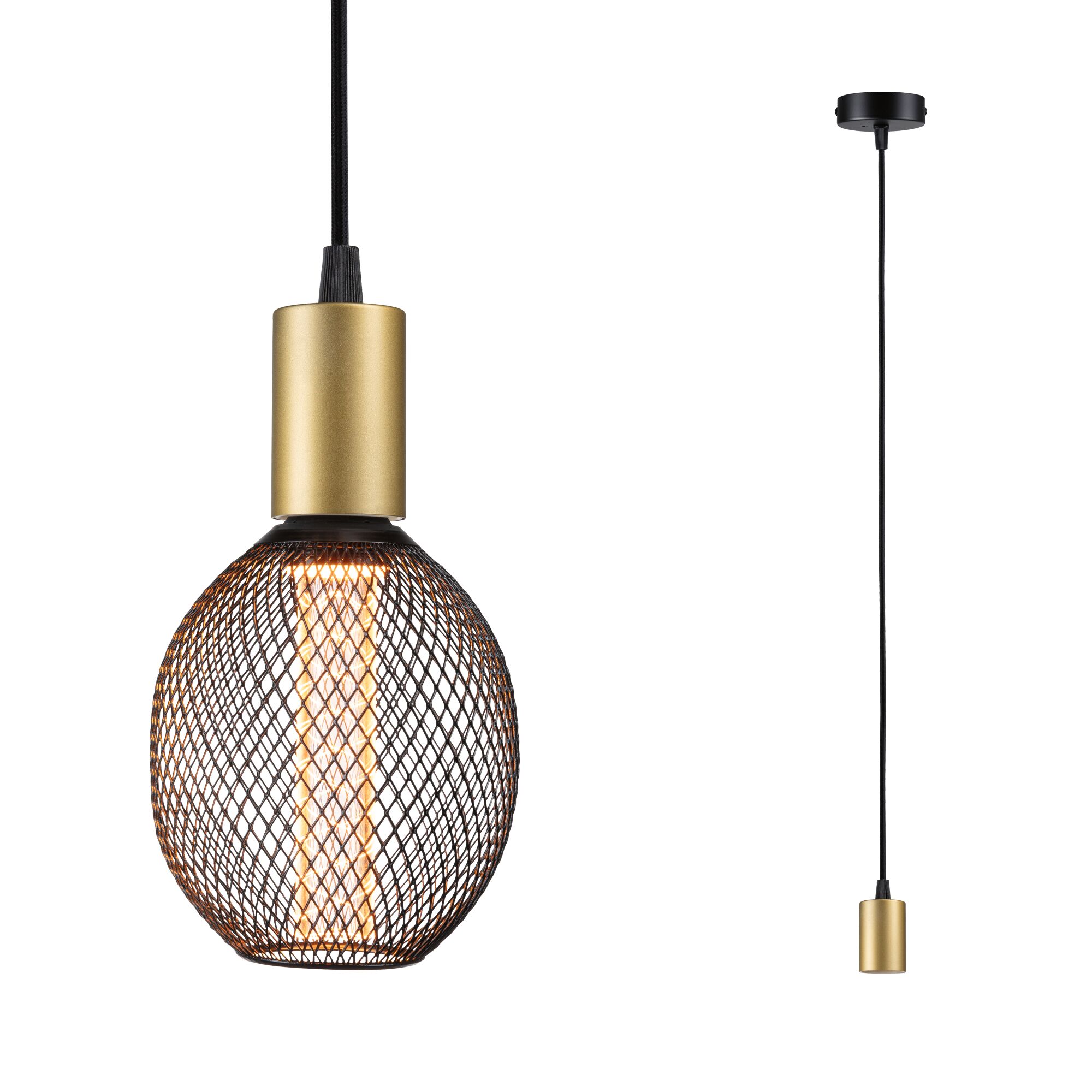 Modern pendant light with gold metal cylinder and black wire mesh shade for stylish home lighting