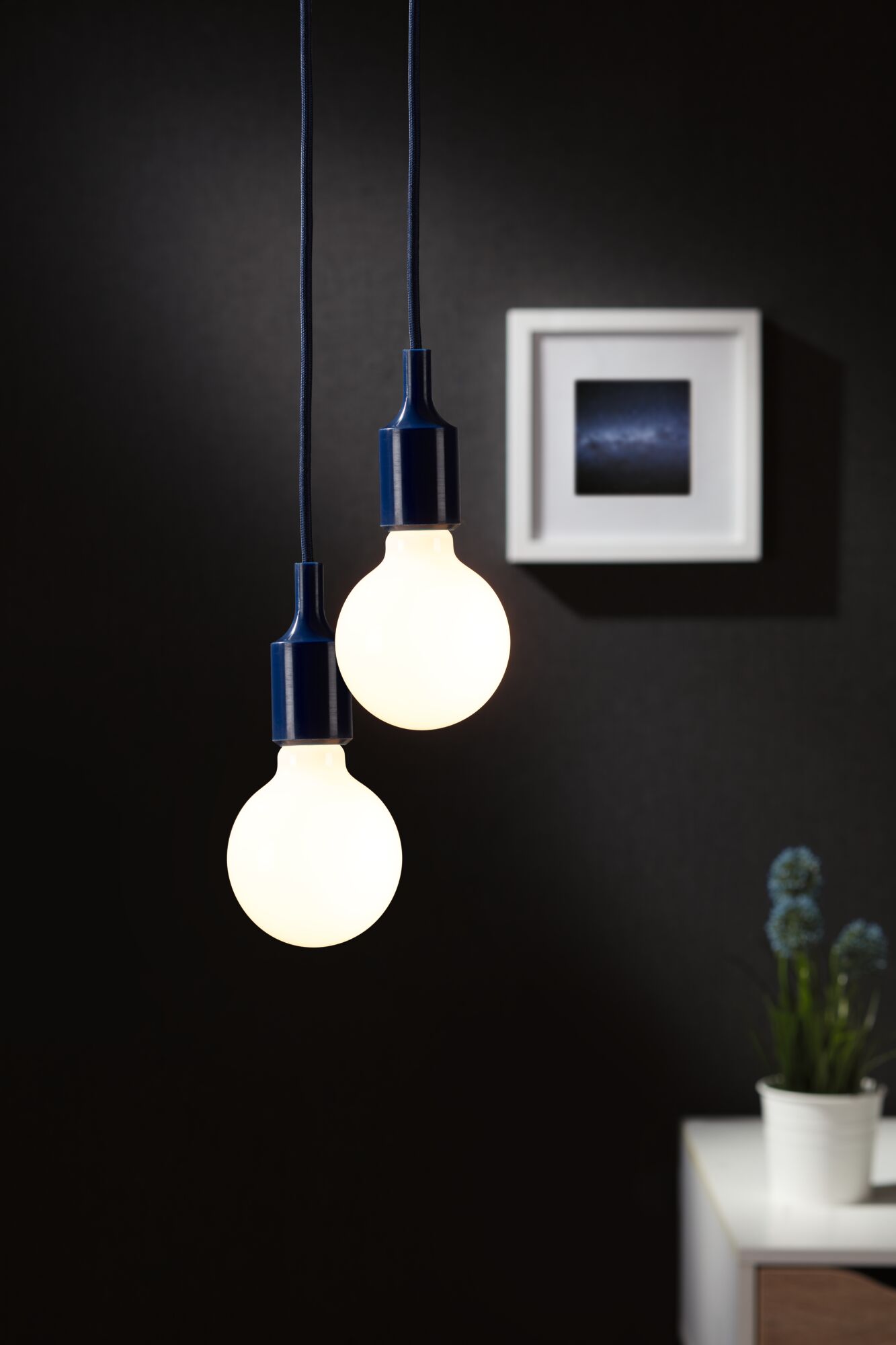 Zwei hängende LED-Glühbirnen mit dunkelblauen Fassungen vor schwarzer Wand mit Bild und Pflanze.