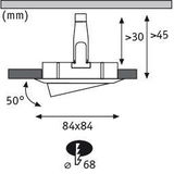Technische Zeichnung eines Einbaustrahler-Sockels mit Maßen 84x84 mm und Neigungswinkel 50 Grad