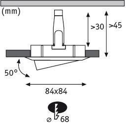 Technische Zeichnung eines Einbaustrahler-Sockels mit Maßen 84x84 mm und Neigungswinkel 50 Grad