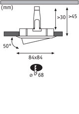 Technical drawing of recessed spotlight 84x84 mm size with 50° tilt in black material for lighting installation