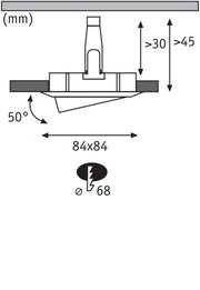 Technical drawing of recessed spotlight with 84x84 mm size and 50° tilt angle