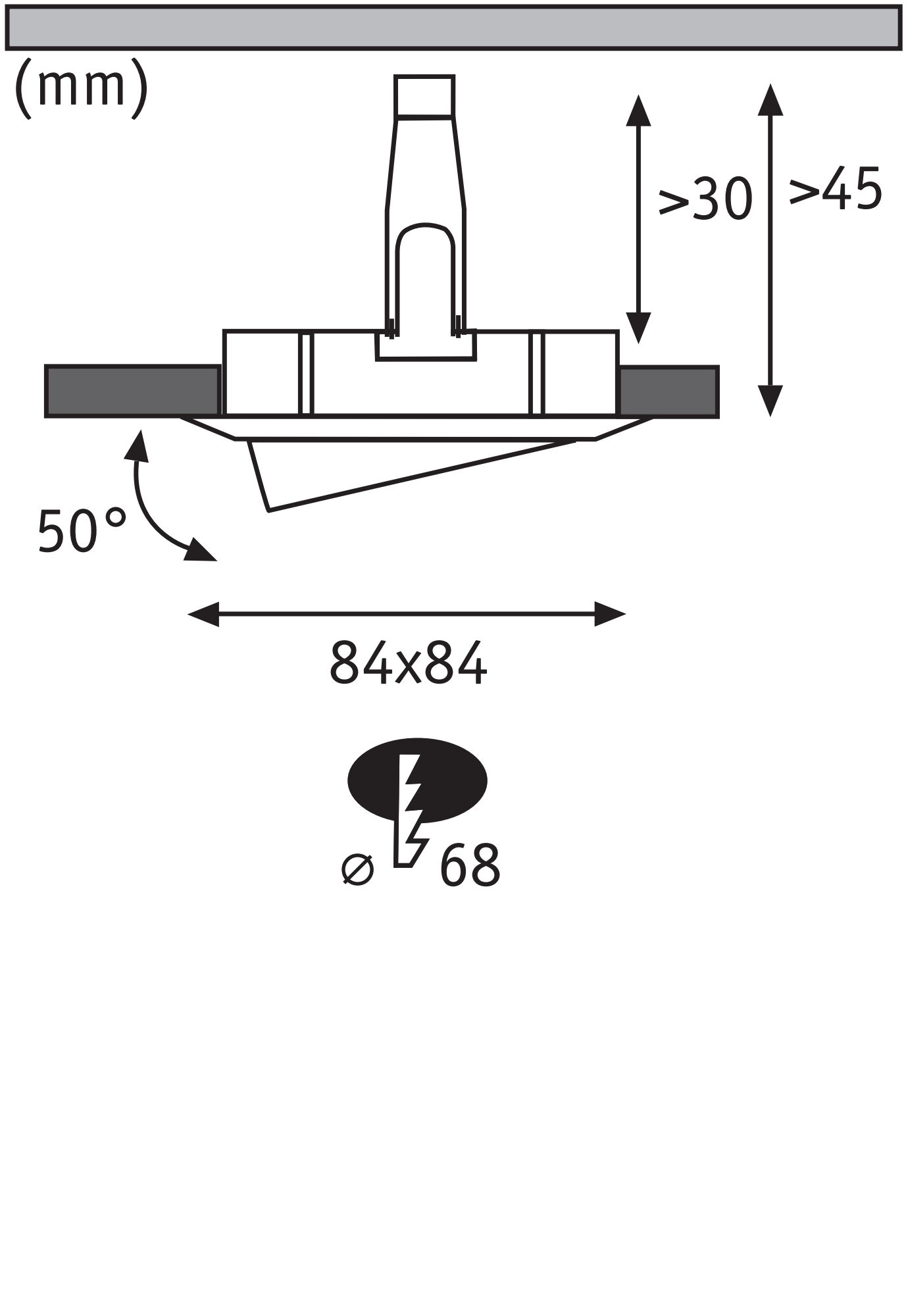 Technische Zeichnung eines Einbaustrahler mit 84x84 mm Abmessungen und 50° Neigung