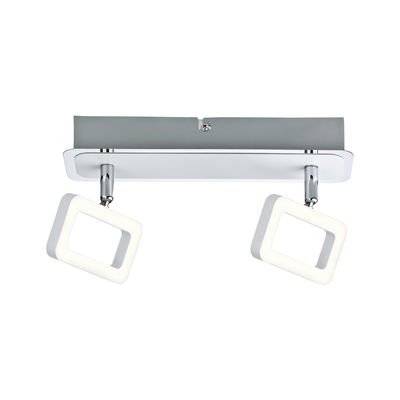 Moderne LED-Deckenleuchte mit zwei weißen, quadratischen Leuchtflächen und Chromhalterung