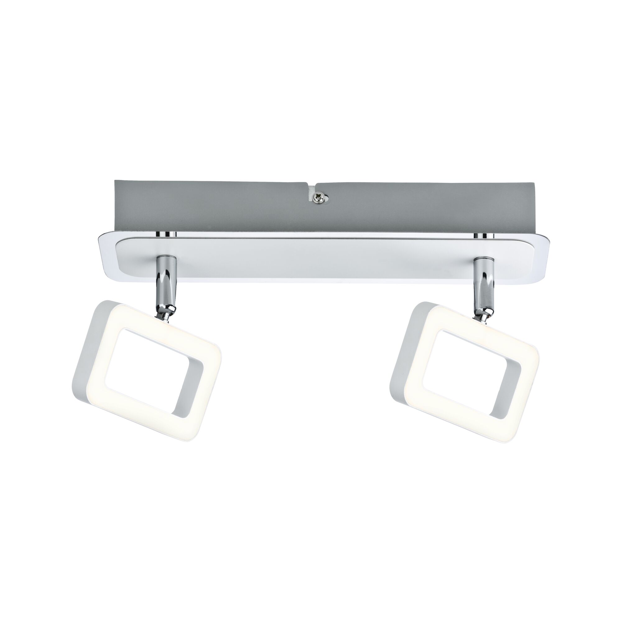 Modern LED ceiling light with two white square light panels and chrome mounts for living rooms