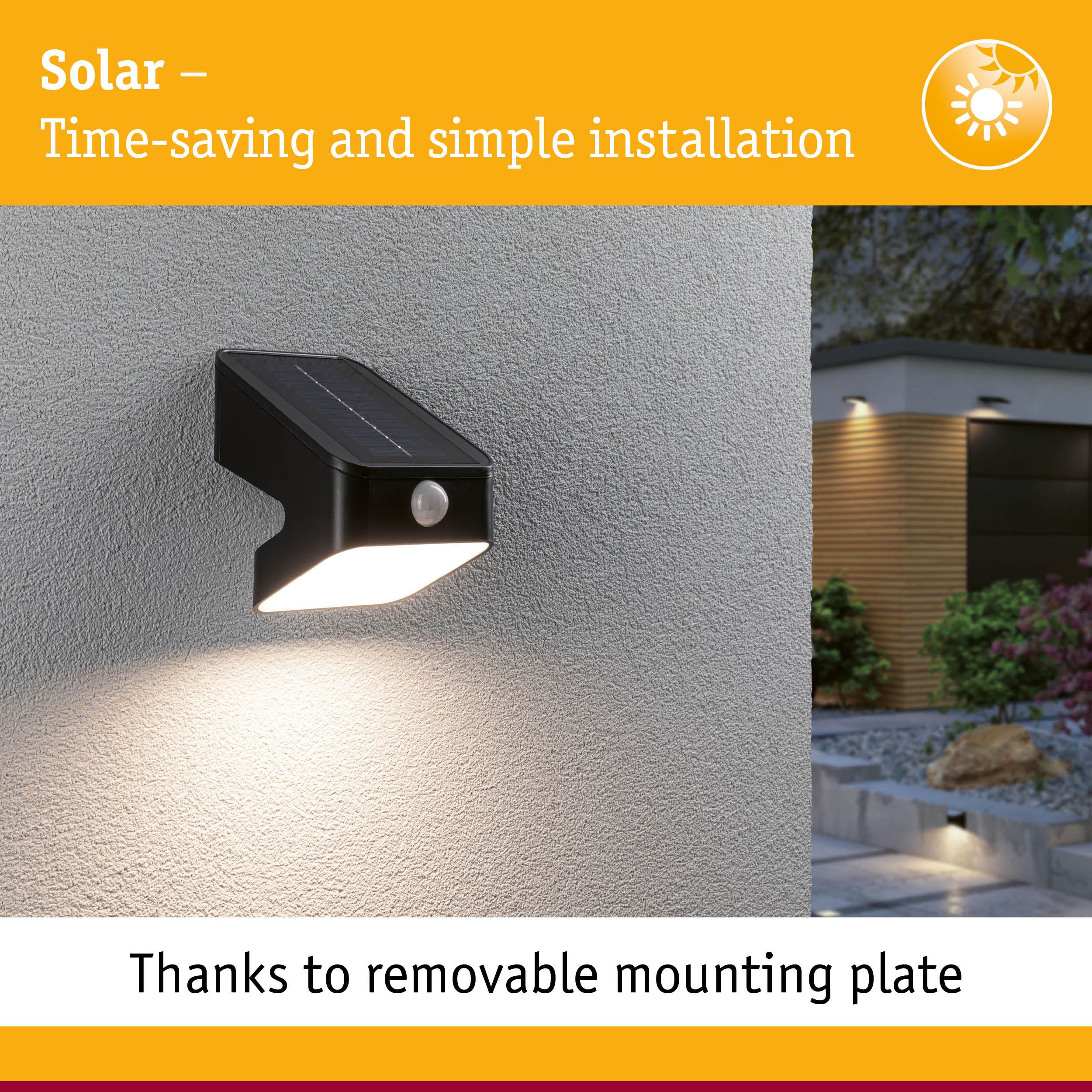 Black solar outdoor wall light with motion sensor mounted on grey wall, energy-saving LED lighting