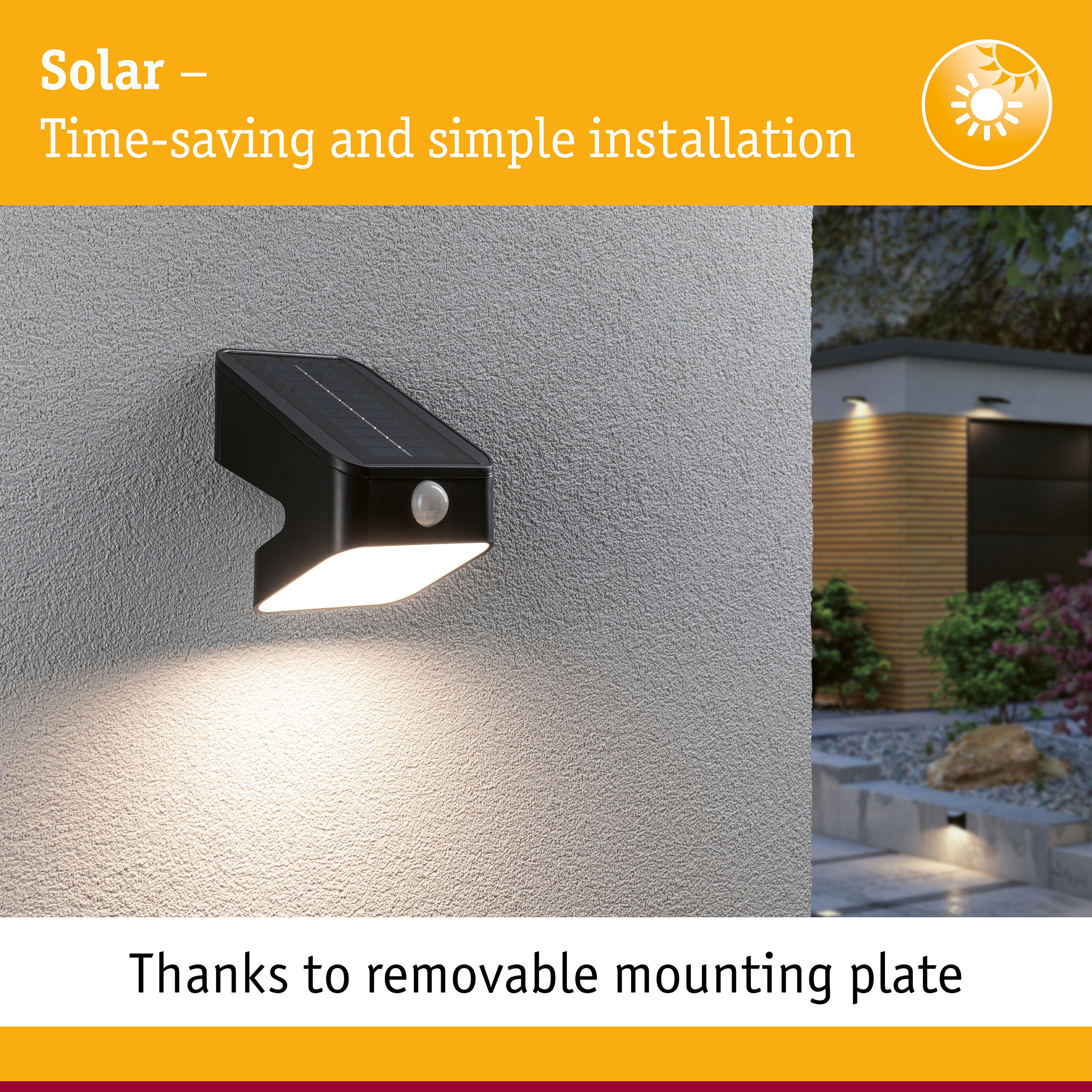 Black solar outdoor wall light with motion sensor mounted on grey wall, energy-saving LED lighting