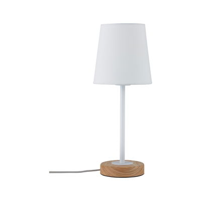 Modern table lamp with white fabric shade and wooden base for cozy home lighting