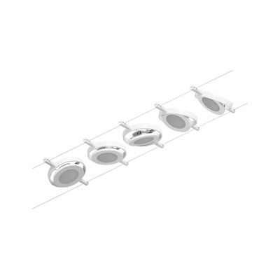 White LED cable spotlights with round metal heads for flexible lighting solutions in interiors.