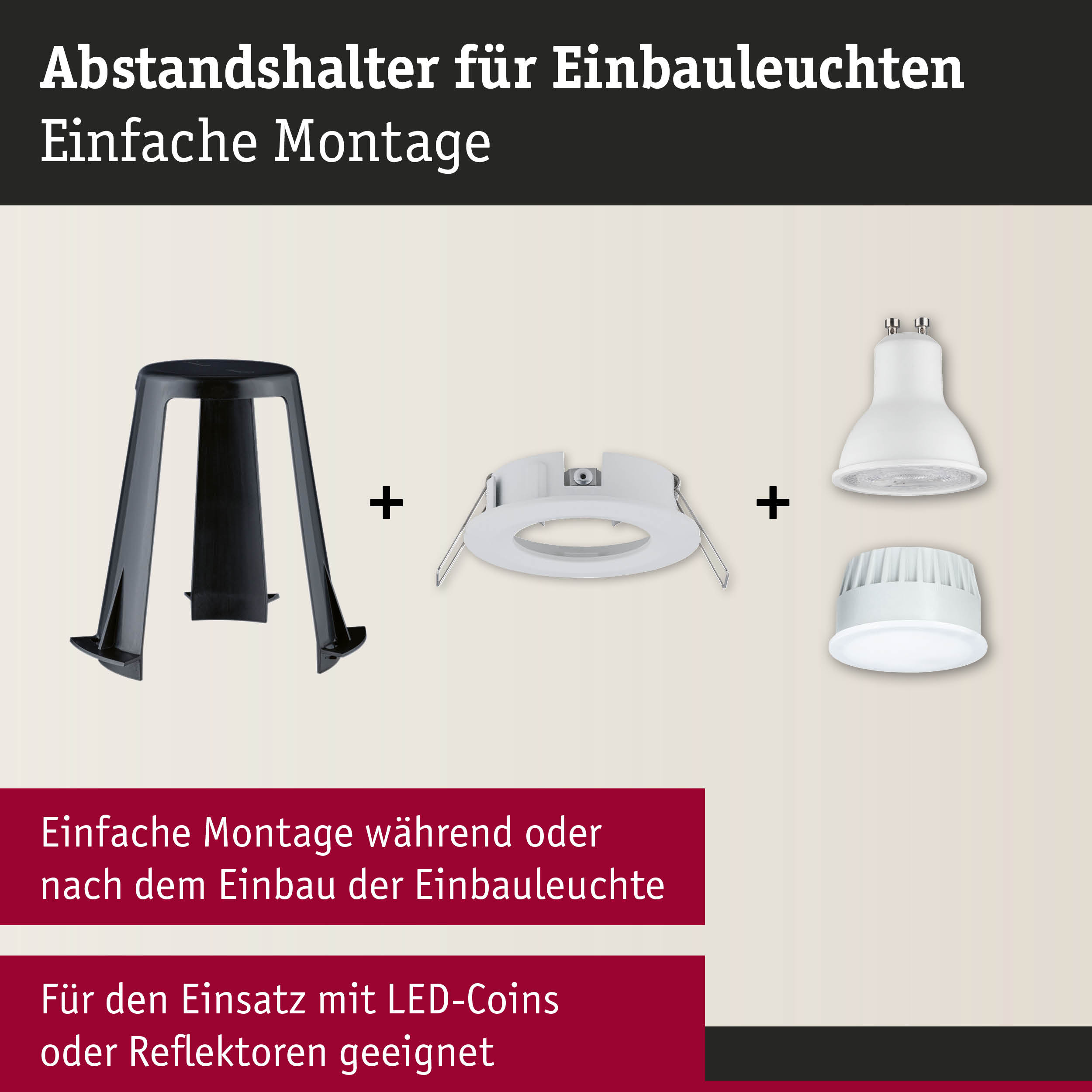 Abstandshalter aus schwarzem Kunststoff für Einbauleuchten mit einfachem Montagesystem