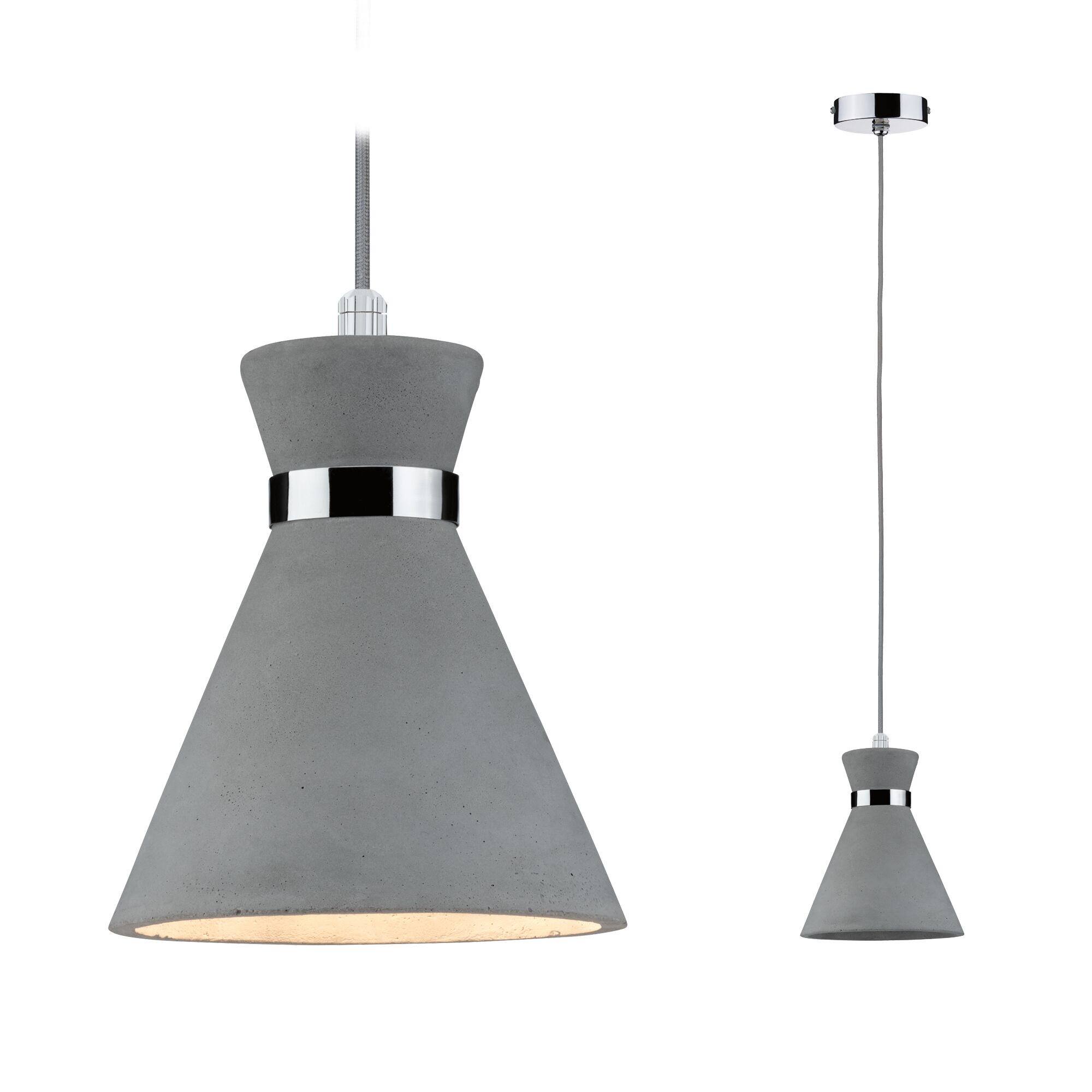 Hanglamp Verve IP44 E27 max. 20W Grijs/Chroom dimbaar Moderne grijze betonnen hanglamp met chromen ring en stoffen kabel voor stijlvolle verlichting