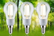 Drie LED-lampen met heldere glazen kap en E14-fitting voor energiebesparende verlichting in bosrijke omgeving
