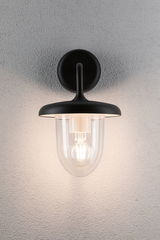 Black wall lamp with clear glass and visible LED bulb for modern indoor lighting solutions.