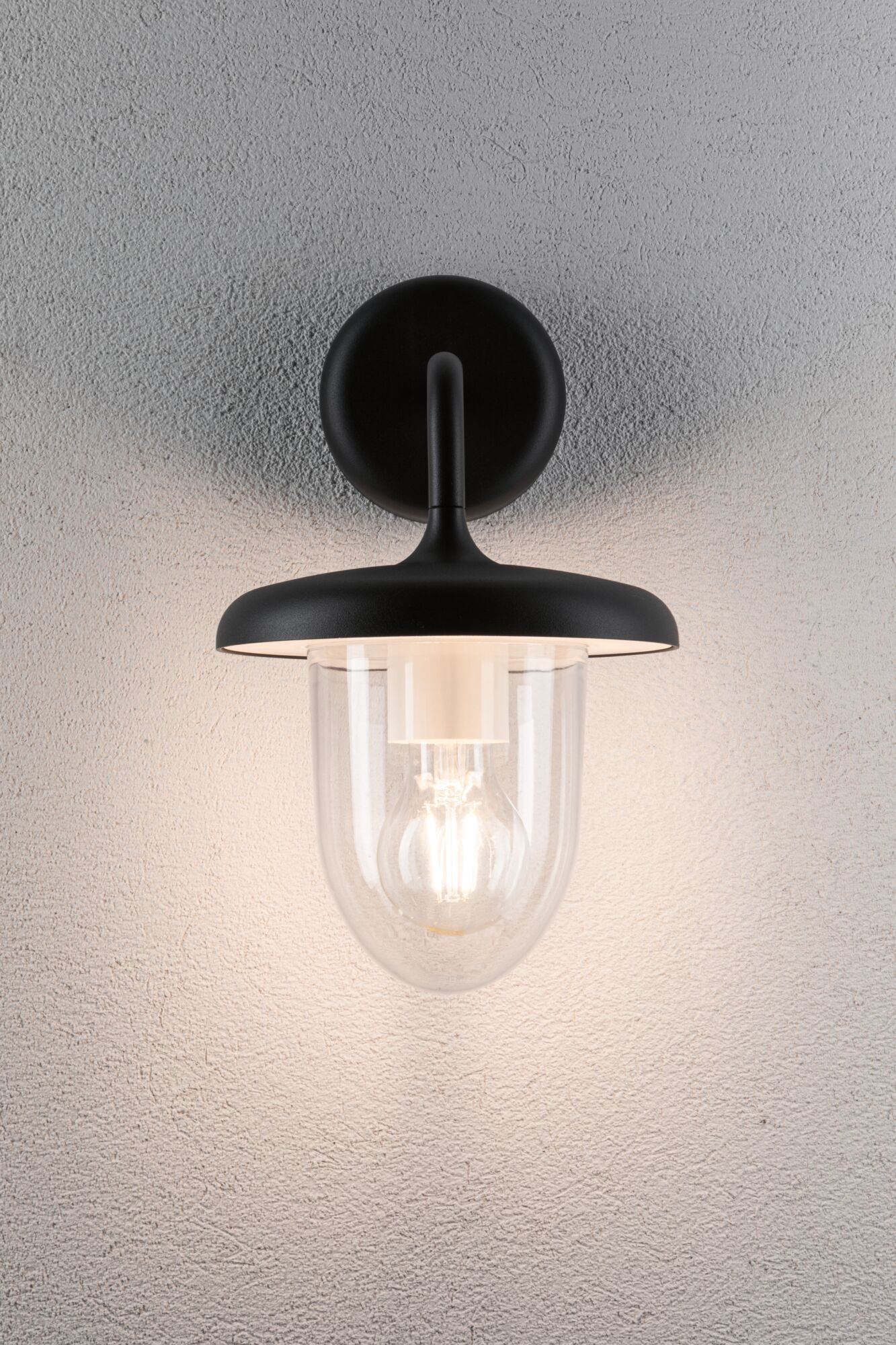 Schwarze Wandlampe mit klarem Glas und sichtbarer LED-Glühbirne für moderne Innenbeleuchtung.