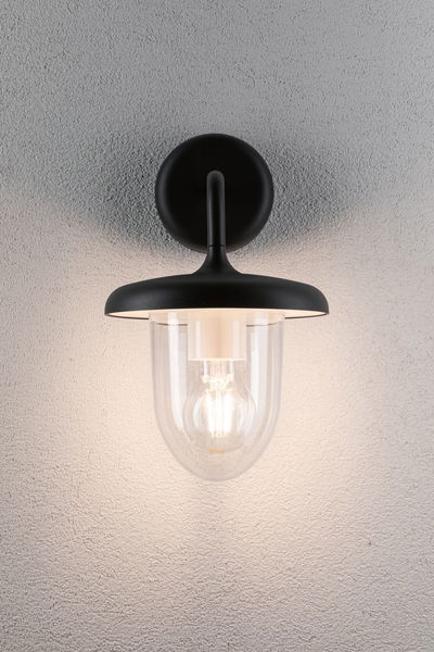 Schwarze Wandlampe mit klarem Glas und sichtbarer LED-Glühbirne für moderne Innenbeleuchtung.