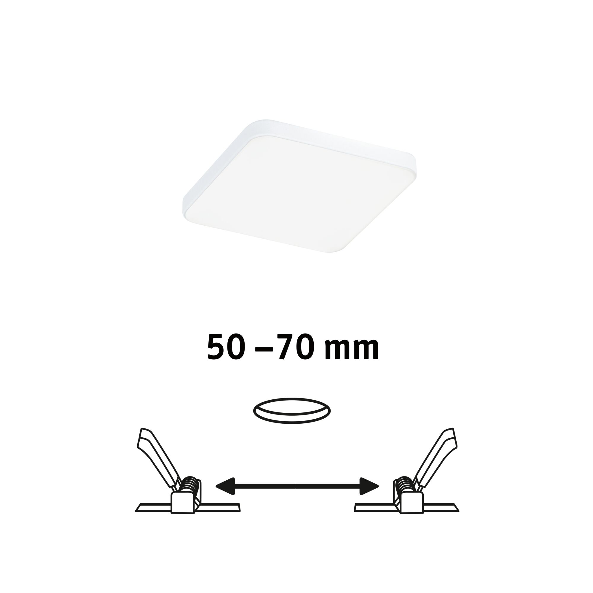 White square LED ceiling light with 50-70 mm installation size for modern home lighting.