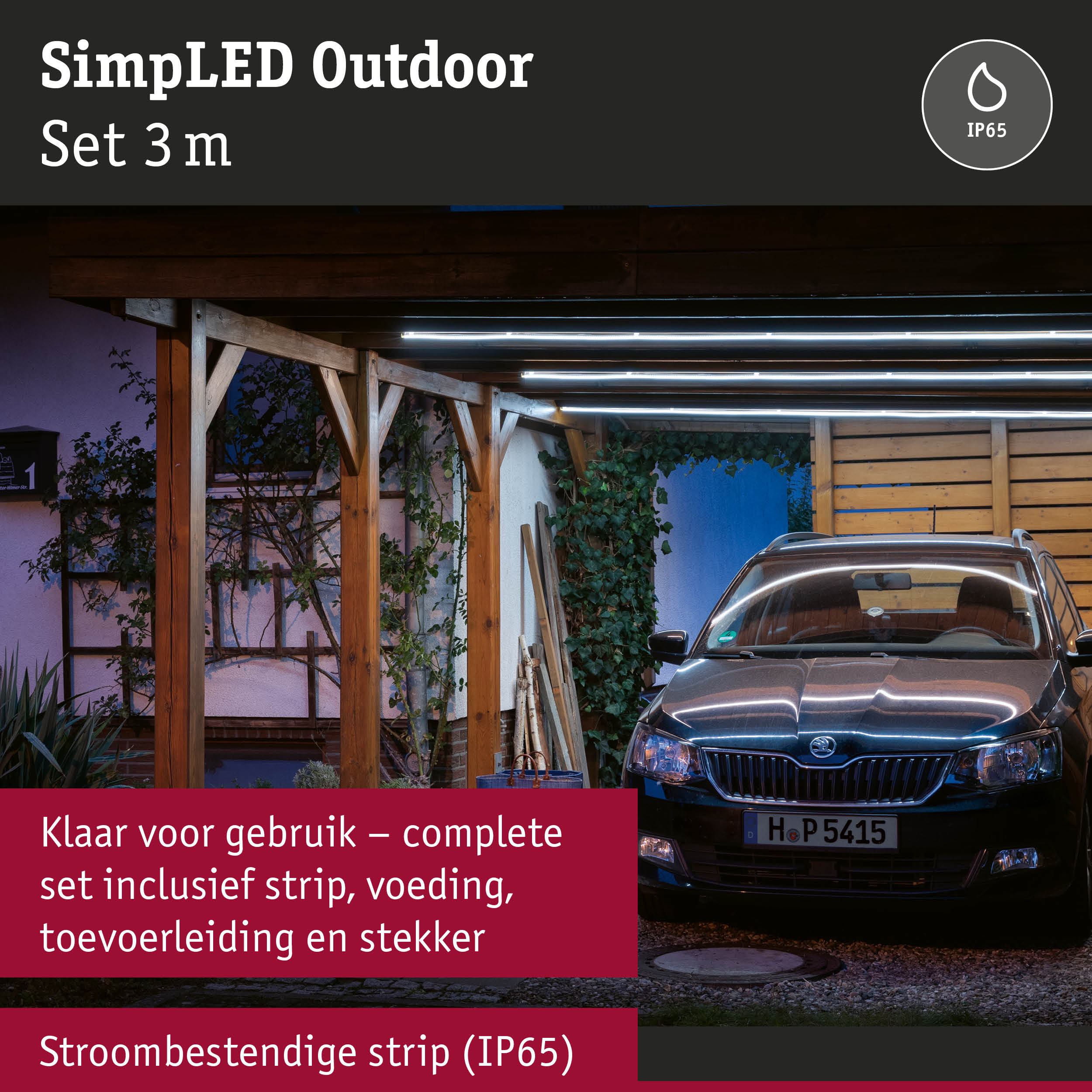 3m outdoor LED-lichtset met IP65, witte LED-strips onder houten carport boven auto