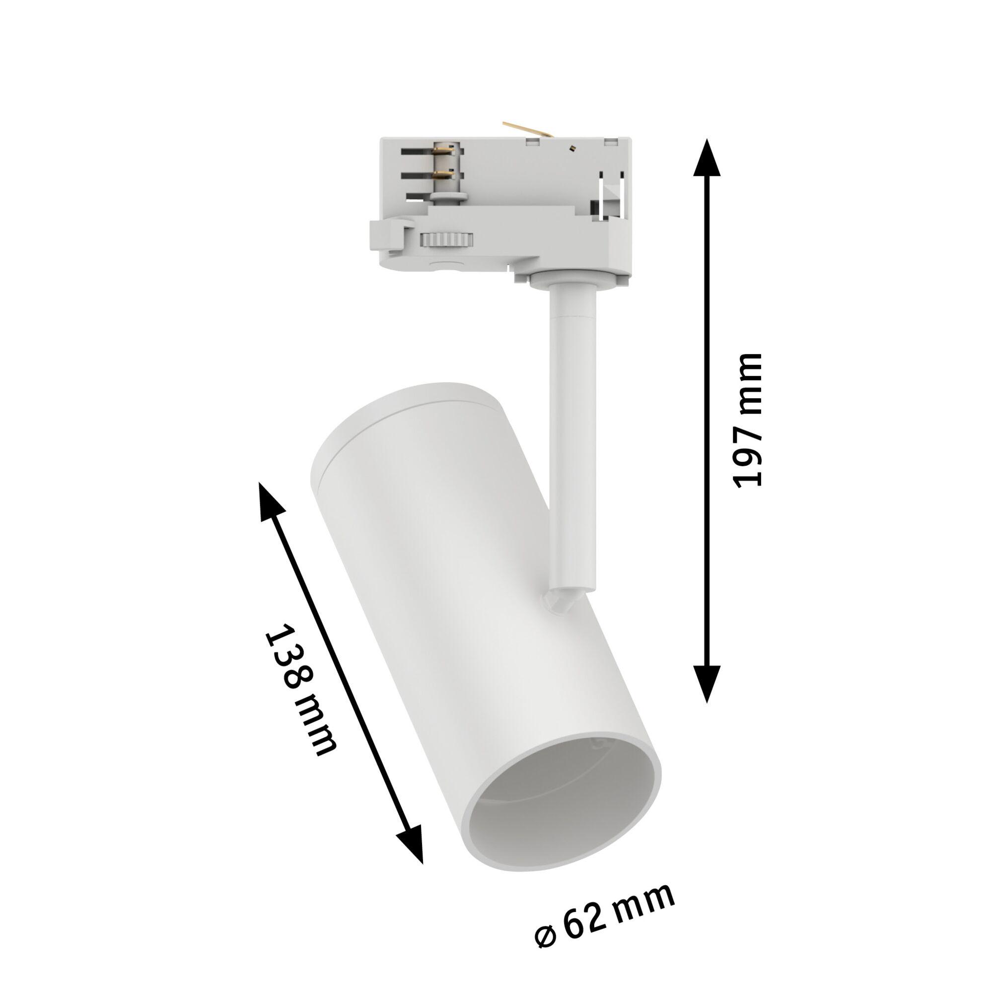 Weißer LED-Strahler aus Metall mit 62 mm Durchmesser und 197 mm Höhe für Schienensysteme.
