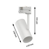 Weißer LED-Strahler aus Metall mit 62 mm Durchmesser und 197 mm Höhe für Schienensysteme.