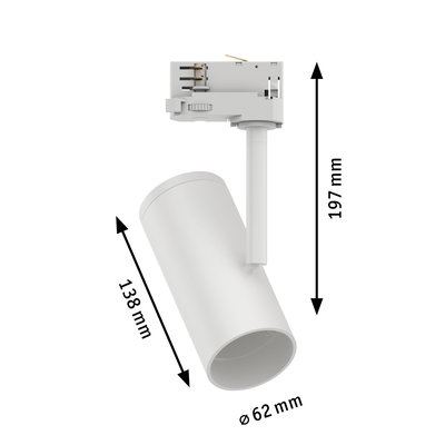 Weißer LED-Strahler aus Metall mit 62 mm Durchmesser und 197 mm Höhe für Schienensysteme.