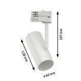 Weißer LED-Strahler aus Metall mit 62 mm Durchmesser und 197 mm Höhe für Schienensysteme.