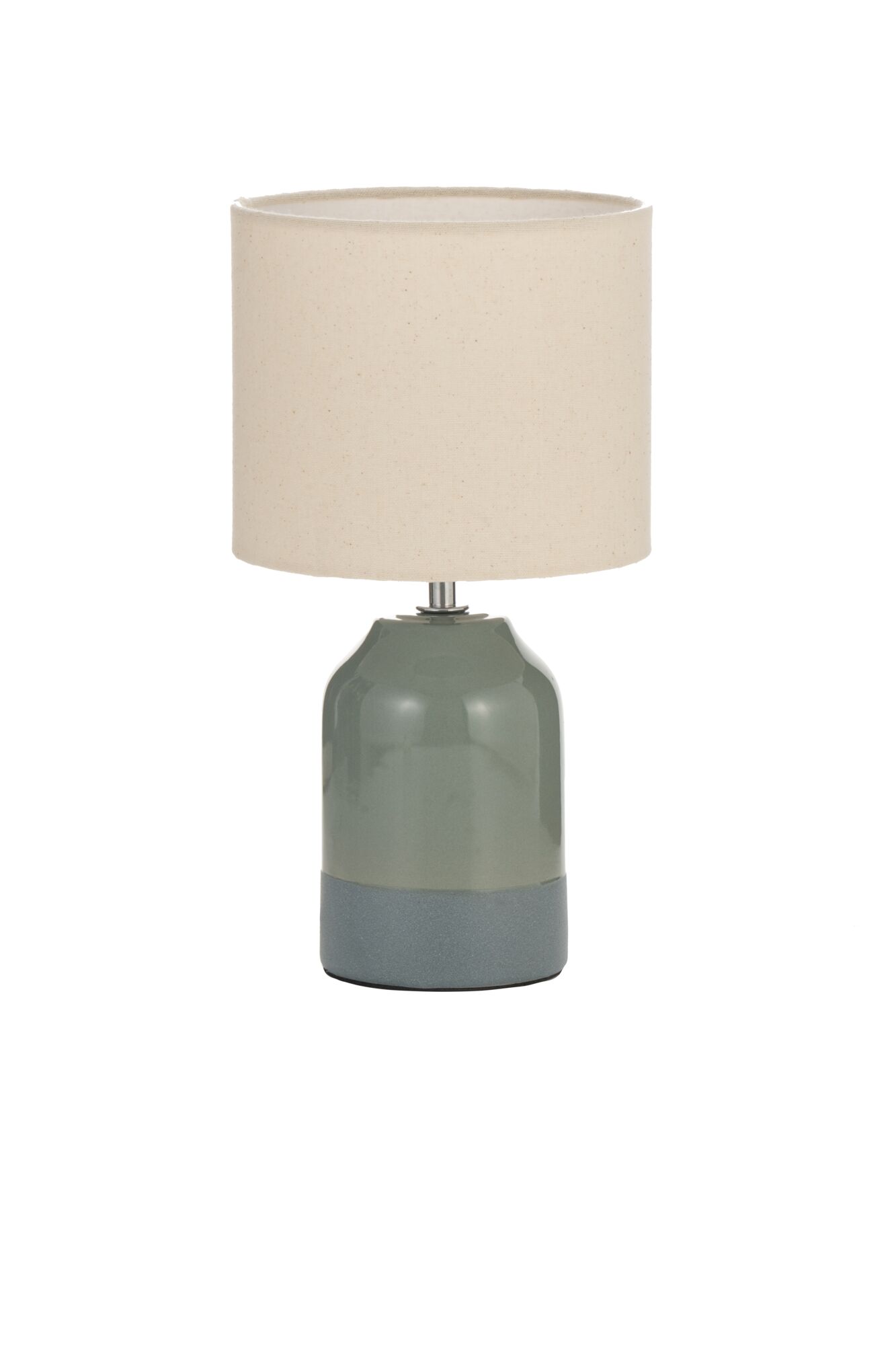 Table lamp with green ceramic base and beige fabric shade for cozy home lighting