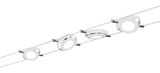 Modern white cable lighting system with three round metal LED spotlights for flexible room lighting